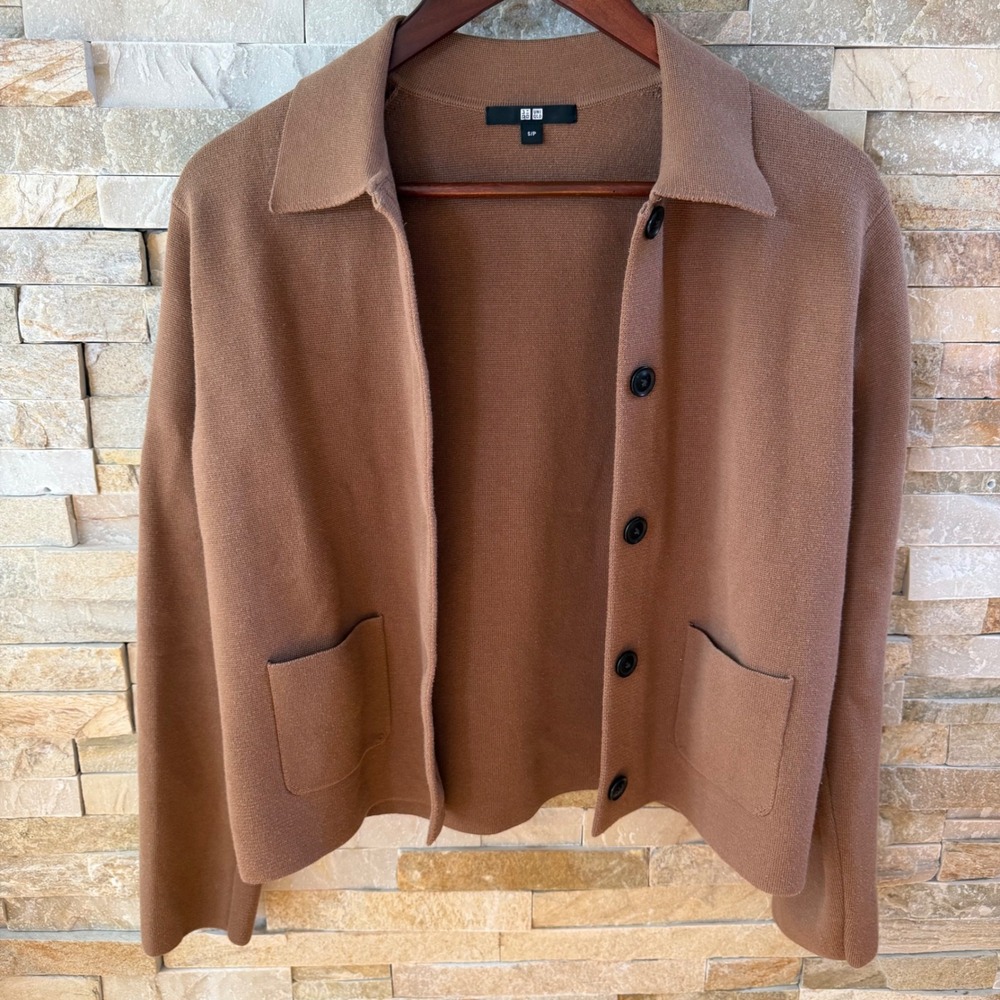 Uniqlo Milano Rib Knit Jacket Collared Cardigan Brown Camel Small 479775